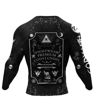 Black and white long-sleeve shirt with graphic designs and text on a white background