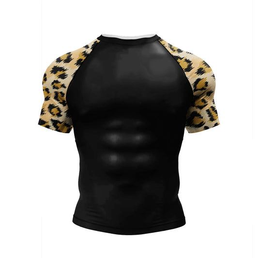 Black athletic shirt with leopard print sleeves on a white background